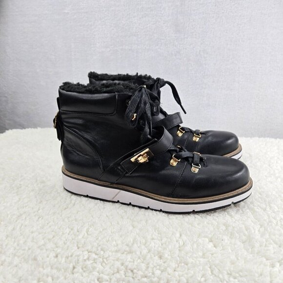 Ankle Boots Urban Hiking Black Lace-Up ARI Justfab Faux Shearling Gold Tone Buck - Picture 6 of 15